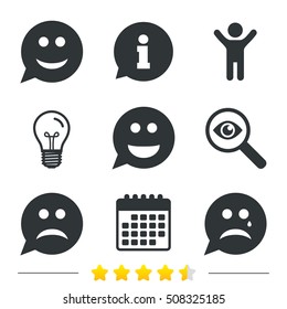 Speech bubble smile face icons. Happy, sad, cry.