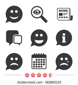 Speech bubble smile face icons. Happy, sad, cry signs. Happy smiley chat symbol. Sadness depression and crying signs. Newspaper, information and calendar icons. Investigate magnifier, chat symbol