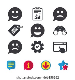 Speech bubble smile face icons. Happy, sad, cry signs. Happy smiley chat symbol. Sadness depression and crying signs. Browser window, Report and Service signs. Vector