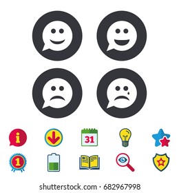 Speech bubble smile face icons. Happy, sad, cry signs. Happy smiley chat symbol. Sadness depression and crying signs. Calendar, Information and Download signs. Stars, Award and Book icons. Vector