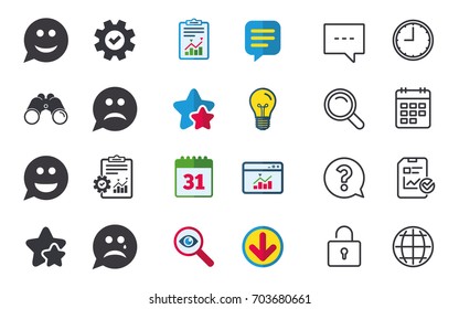 Speech bubble smile face icons. Happy, sad, cry signs. Happy smiley chat symbol. Sadness depression and crying signs. Chat, Report and Calendar signs. Stars, Statistics and Download icons. Vector