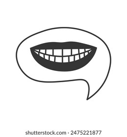 Speech Bubble with Smile and Teeth Doodle. Hand drawn comic line element. Happiness positivity laugh dentistry concept. Vector illustration