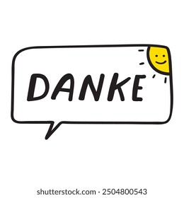 Speech bubble. Smiling sunny. Word Danke is thank you in German. Vector illustration on white background.