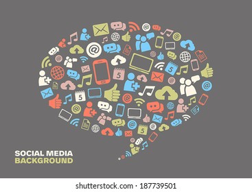 Speech bubble with social media icons representing connection and communication.