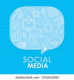speech bubble with social media icons over blue background, line style, vector illustration