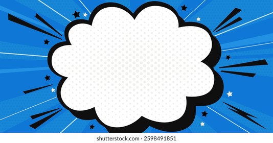 Speech bubble with space for text on blue background. Halftone pop art style. Vector cartoon illustration.