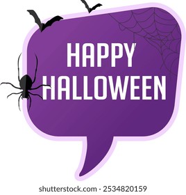 Bolha de fala com teia de aranha e morcegos para elemento de halloween feliz