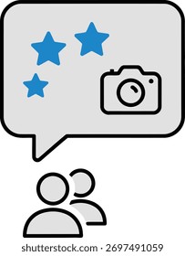 A speech bubble with stars and a camera icon above two simple human figures, representing feedback, review, or a photography service, isolated on white background.
