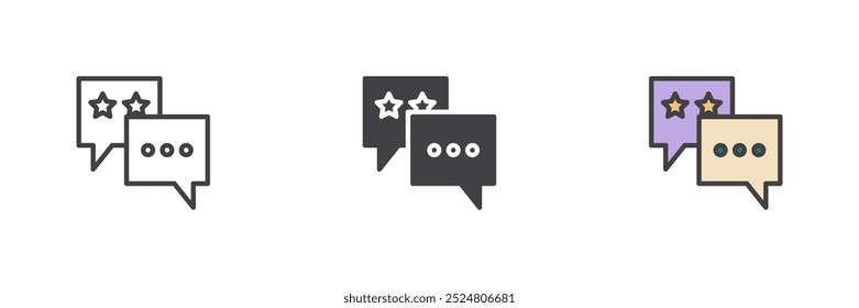 Speech bubble with stars different style icon set. Line, glyph and filled outline colorful version, outline and filled vector sign. Feedback symbol, logo illustration. Vector graphics