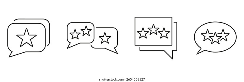 Bolha De Fala Com Conjunto De Ícones De Linha De Estrelas. Comentários Do Cliente, Classificação E Coleção De Símbolos De Estrutura De Tópicos De Revisão. Comunicação E Avaliação. Ilustração de vetor isolada.