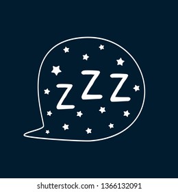 Speech bubble with stars and text ZZZ. Sketch, doodle, drawn by hand. Isolated vector illustration. White, blue.