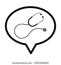 Speech bubble and stethoscope icon in grey scale isolated on white background.