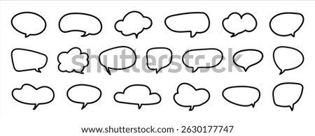 Speech bubble sticker. Fun dialogue outline black frame. Chat box, empty social media message balloon, silhouette sample. Communication network symbols in doodle style. Information, idea, quote icon.