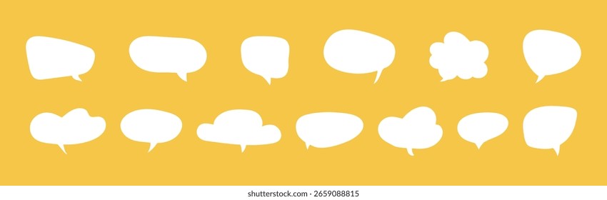 Speech bubble stickers. Fun dialogue white backdrops. Chat box, empty social media message balloon, silhouette samples. Communication network symbols in doodle style. Information, idea, quote icons.