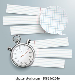 Speech bubble with stopwatch and paper stripes on the gray background. Eps 10 vector file.