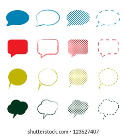 Speech Bubble Style Grid – 16 Unique Dialog Shapes with Colorful Borders and Varied Outlines. A diverse set of 16 speech bubble icons arranged in a 4×4 grid, each featuring a unique shape, color, and border style. The collection includes rectangular, circular, cloud-like, and comic-style bubbles with solid, dashed, dotted, and sketch-like outlines. This vibrant and versatile design is ideal for use in infographics, comic art, UI elements, educational materials, and visual communication projects. Suitable for both editorial and commercial use across print and digital platforms.
