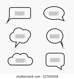 Speech Bubble Style Set – Six Black Outline Dialog Shapes on Light Background with Placeholder Text. A versatile set of six speech bubble designs in various shapes including rectangular, oval, circular, and cloud-like forms. Each bubble is outlined in black and contains placeholder text, set against a light gray background. This graphic is ideal for illustrating dialogue, commentary, or communication in comics, graphic design, digital interfaces, educational materials, or social media visuals. The variety of styles makes it suitable for both playful and professional contexts.