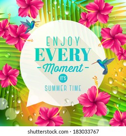 Speech bubble with summer greeting and hummingbirds against a  tropical nature background with hibiscus flowers - vector illustration