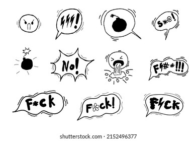 Speech bubble swear words bad emoji symbols. Sketch angry comic speech bubble doodle hand drawn with curses, skull, bones, lightning. Angry screaming face emoji. Vector illustration isolated on white.