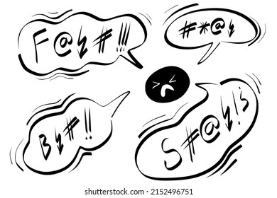 Speech bubble swear words bad emoji. Sketch angry face. Comic speech bubble doodle hand drawn with curses, skull, bones, lightning. Angry screaming face emoji. Vector illustration isolated on white.