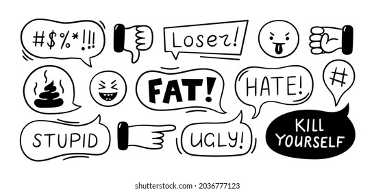 Speech bubble with swear words. Cyber bullying, trolling, conflict and violence situation. Bad reviews, comments, dislike. Vector illustration isolated in doodle style on white background.