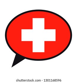 Sprachblase Schweiz Flagge auf weißem Hintergrund. Symbol für soziale Kommunikation. Konversationssymbol, Vektorelement.