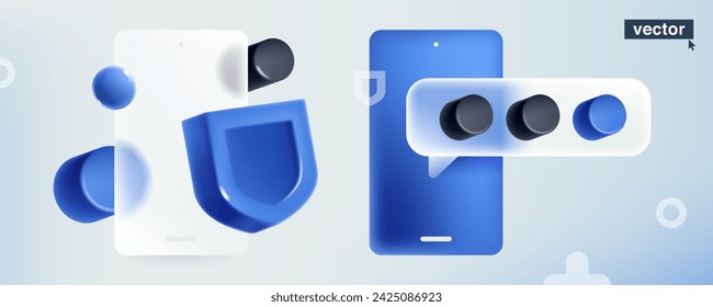 Símbolo de burbuja de voz con escudo de seguridad azul en estilo de morfismo de vidrio. Renderizado 3D realista en estilo de dibujos animados de plástico. Vector para la aplicación de defensa, protección antivirus, banner de retroalimentación, privacidad de chat en línea.