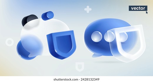 Speech bubble symbol with blue security shield in glassmorphism style. Realistic 3D render in plastic cartoon style. Vector for defense app, antivirus protection, feedback banner, online chat privacy.