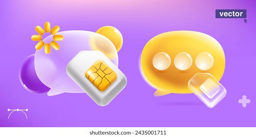 Speech bubble symbol with mobile phone SIM card with golden chip in glassmorphism style. Realistic 3D isometric cartoon render. Vector for online telecom app, NFC payment password, wireless network.