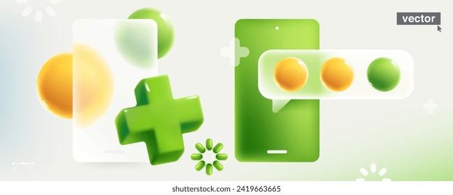 Speech bubble symbol with realistic 3D green add, plus, medical cross, loading icon and sphere in glassmorphism style. Transparent plastic feedback UI element. Glass overlay effect. Vector cartoon.