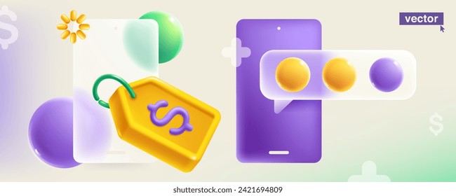 Speech bubble symbol with realistic 3D Sale label tag with dollar symbol, ribbon, loading icon and sphere in glassmorphism style. Transparent plastic feedback UI kit. Vector glass overlay effect.