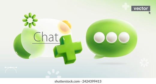 Speech bubble symbol with realistic 3D green add, plus, medical cross, loading icon and sphere in glassmorphism style. Transparent plastic feedback UI element. Glass overlay effect. Vector cartoon.