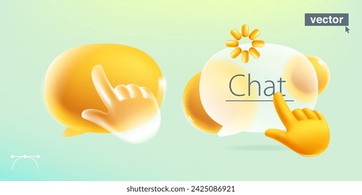 Speech bubble symbol with realistic 3D computer hand shape cursor, loading icon and spheres. Transparent plastic feedback UI element. Arrow icon glass overlay effect. Vector cartoon style illustration