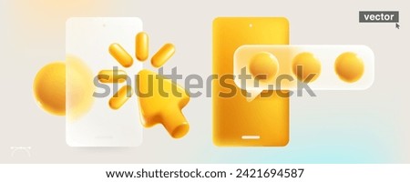 Speech bubble symbol with realistic 3D cursor, loading icon and spheres. Transparent plastic feedback UI element. Arrow icon glass overlay effect. Vector cartoon style pastel tone illustration.