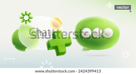 Speech bubble symbol with realistic 3D green add, plus, medical cross, loading icon and sphere in glassmorphism style. Transparent plastic feedback UI element. Glass overlay effect. Vector cartoon.