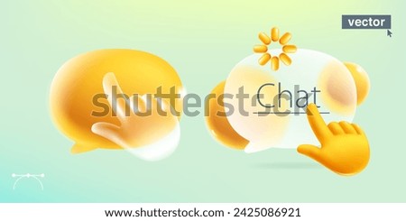 Speech bubble symbol with realistic 3D computer hand shape cursor, loading icon and spheres. Transparent plastic feedback UI element. Arrow icon glass overlay effect. Vector cartoon style illustration