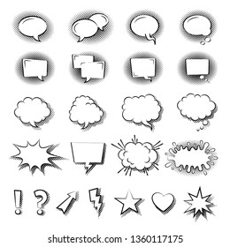 Speech bubble symbols, icon set. Hand drawn thought and speech bubbles and balloons, different types and shapes. Arrow, lightning, star, heart, exclamation mark, question mark. Conversation symbols.