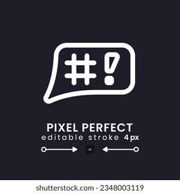 Sprachblase mit Symbolen weißen linearen Desktop-Symbol auf Schwarz. Online-Chat. emotionale Kommunikation. Pixel perfekt, Umriss 4px. Identifiziertes Benutzeroberflächen-Symbol für dunkles Thema. Bearbeitbarer Hub