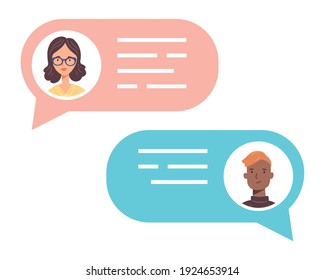 Sprechen Sie mit Gesprächspartnern Avatare. Konzept von Chat, Nachricht, Web-Kommunikation, Boten. Trendy flache Illustration.