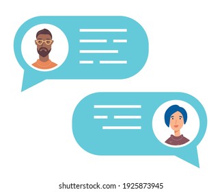 Burbuja del discurso con avatares de personas que hablan. Concepto de chat, mensaje, web comunica, mensajero. Ilustración de moda de estilo plano.