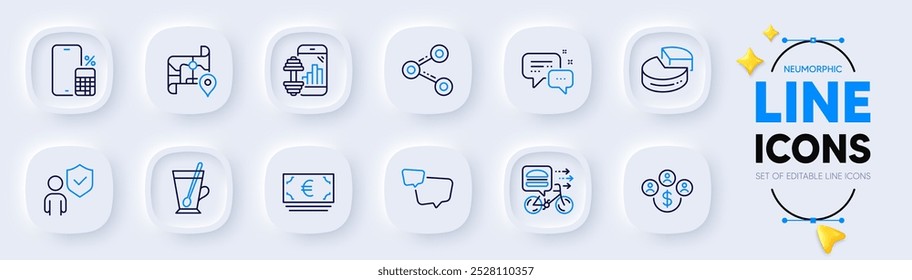 Speech bubble, Tea mug and Phone calculator line icons for web app. Pack of Security, Food delivery, Share pictogram icons. Buying currency, Euro currency, Employees messenger signs. Vector