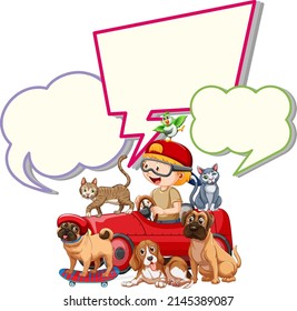 Speech bubble template with boy and dogs illustration