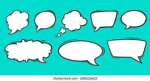 Plantillas de burbuja de discursos para discusiones y chats. Conjunto de cuadros de voz aislados en fondo verde. Ilustración de vector dibujada a mano