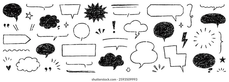 Speech bubble text frame dialog cloud hand drawn set. Crayon chalk doodle talk speech bubble frame. Hand drawn line chalk frame, think balloon, children doodle text cloud icon. Vector illustration.