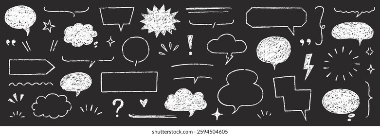 Speech bubble text frame dialog cloud hand drawn set. Crayon chalk doodle talk speech bubble frame. Hand drawn line chalk frame, think balloon, children doodle text cloud icon. Vector illustration.