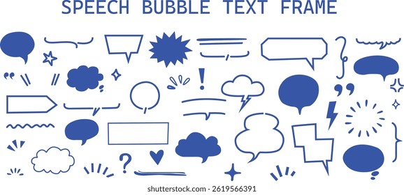 Conjunto dibujado a mano de la nube del diálogo del marco del texto de la burbuja del discurso. Marco de burbuja de discurso de charla de doodle plano azul. Marco de tiza de línea dibujada a mano, globo de pensamiento, niños garabatear icono de nube de texto. Ilustración vectorial.