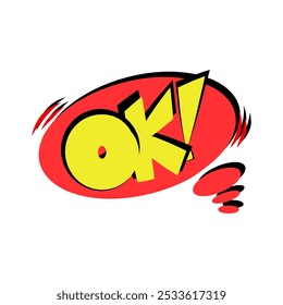 Burbuja de discurso con texto OK sobre fondo blanco en el estilo de los años 90. Ilustración vectorial, cómic boom boom bang elemento de Vector