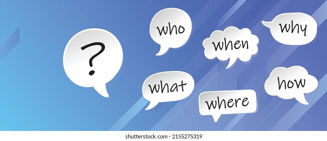Sprechen Sie mit Textfragen, wer, wo, wenn Warum und Frage markieren. Untersuchen Sie verschiedene Fragen analysieren und lösen. Problemlösungs- oder Brainstorming-Konzept. Blaue Hintergrund-Vorlage