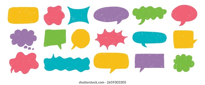 balão de fala textura giz lápis lápis doodle set. Crayon balão de fala, balão de fala cômico Grunge coleção colorida. Ilustração vetorial