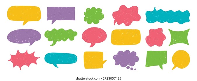 balão de fala textura giz lápis lápis doodle set. Crayon balão de fala, balão de fala cômico Grunge coleção colorida. Ilustração vetorial